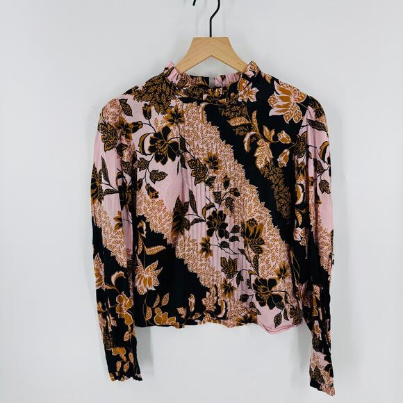 Pants Store Floral Print High Neck Blouse Pink Black Brown Boho Top Size M - Picture 1 of 6